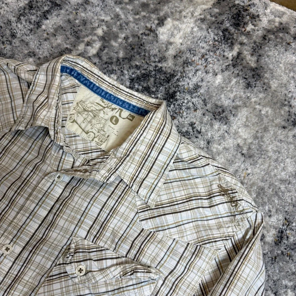 Quiksilver Mens‎ Plaid Western Long Sleeve Button Down Shirt Tan White Large